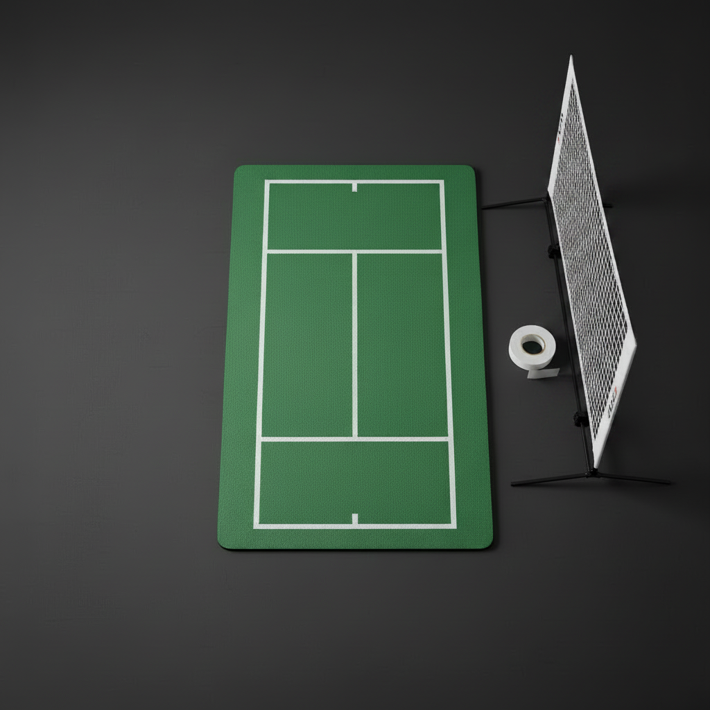 Everything included: portable pickleball net, double-sided court tape, and painted court mat